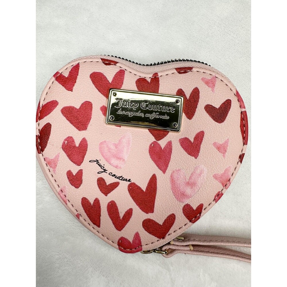 Juicy Couture Heart Wristlet Coin Purse Wallet Pink Red Hearts Zip Around Pouch - Picture 2 of 4